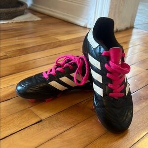 adidas Black Soccer Cleats with White Stripes and Pink Laces